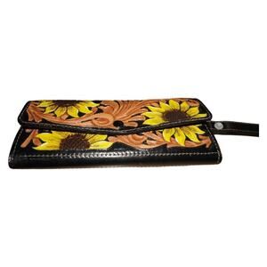 Hand Tooled Leather Sunflower Wallet Wristlet Black Brown Floral Western Boho
